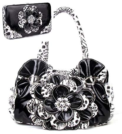 Black Leopard Flower Rhinestone Fashion Handbag W Matching Wallet