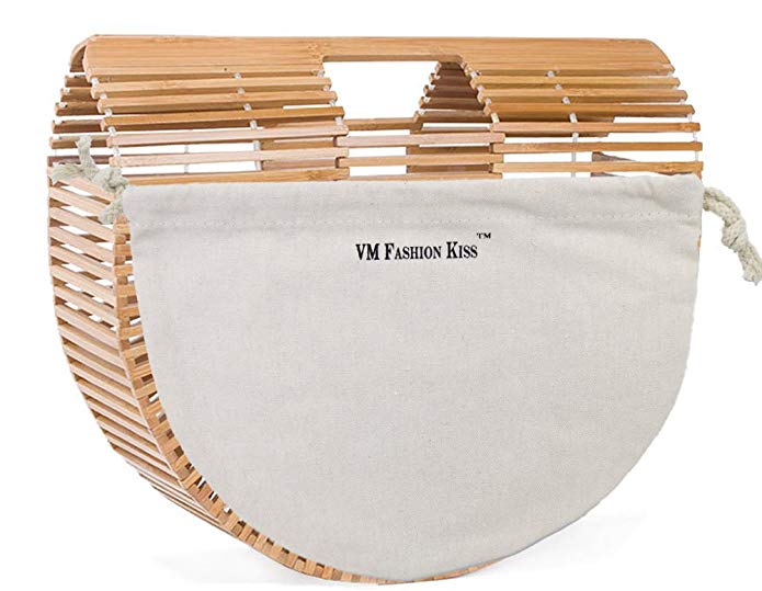 VM FASHION KISS Womens Bamboo Products Half Moon bag Bamboo Hollow Stitching Handbag Beach bag Ladies