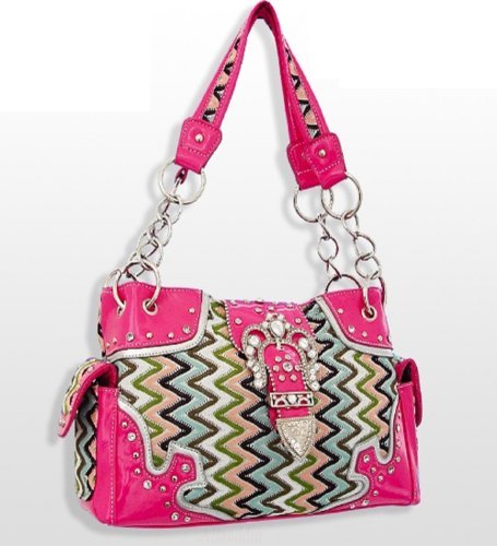 Pink Zig Zag Pattern Buckle Rhinestone Purse