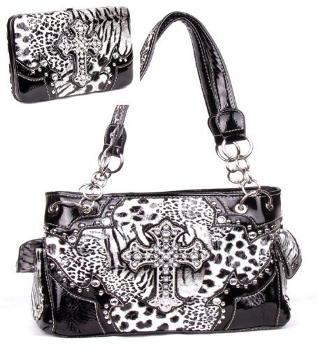 Western Leopard Cross Black Rhinestone Pocket Purse W Matching Wallet