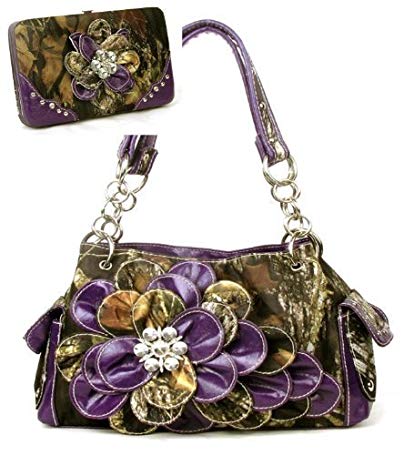 Western Purple Camouflage Flower Rhinestone Handbag W Matching Wallet