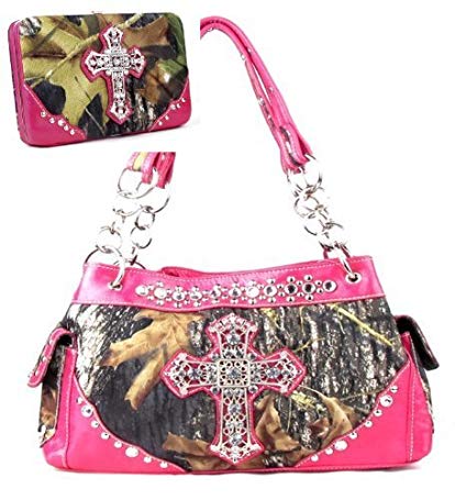 Western Pink Camouflage Cross Rhinestone Handbag W Matching Wallet