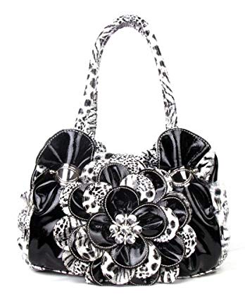 Leopard Flower Rhinestone Handbag Purse - BLACK