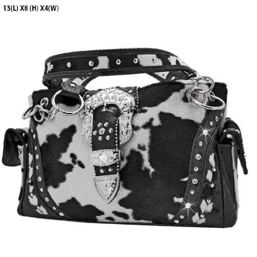 RHINESTONE COW PRINT BUCKLE HANDBAG PURSE- BLACK/WHITE