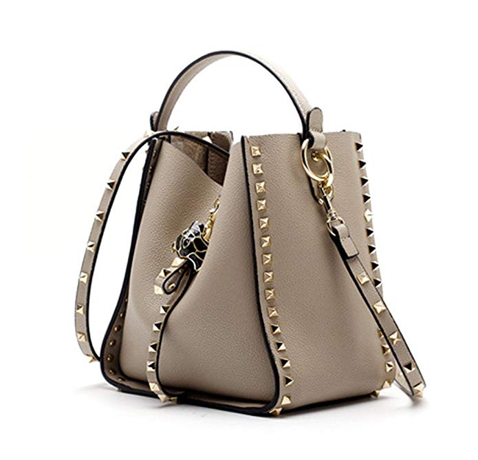 FairyBridal Rivet Genuine Leather Bucket Crossbody Bags For Women Chain Shoulder Bags Purse B092703