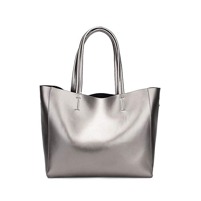 Viviesta Real Leather Silver Gold Metallic Horizontal Large Oversized Shoulder Cabas Shopper Tote Bag