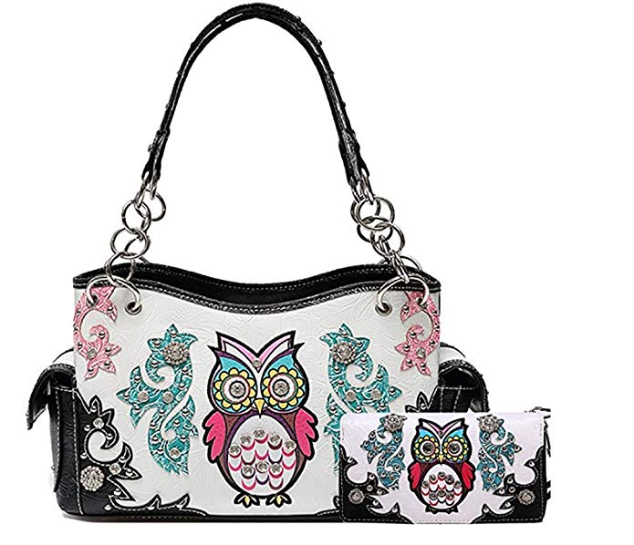 Cowgirl Trendy Western Concealed Carry Colourful Owl Spring Purse Handbag Shoulder Bag Wallet Set Black