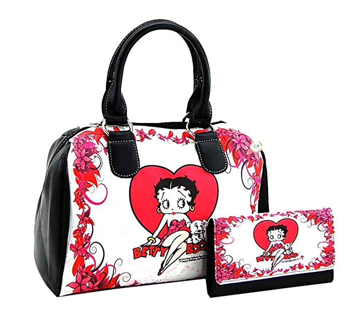 Betty Boop Satchel Handbag Wallet Set, Heart with Flowers, Plus Key Chain