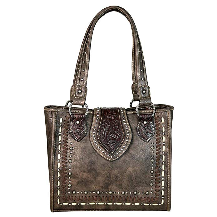 Trinity Ranch by Montana West Tooled Partial Leather Tote Handbags TR57-8390