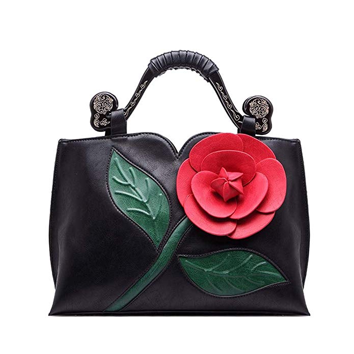 Moonwind Vintage PU Leather Rose Satchel Tote Women Shoulder Bags Handbag Purses