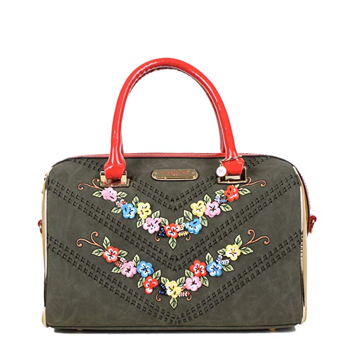 Velvet Boston Handbag Featuring Stitching Design With Sequined Floral Embroidery