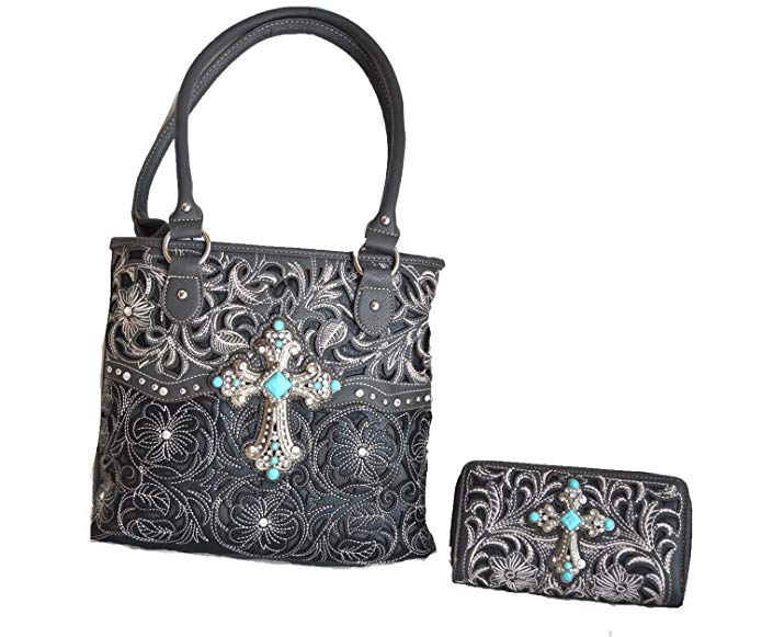 western floral leaf stitched embroidered turquoise cross rhinestone purse set