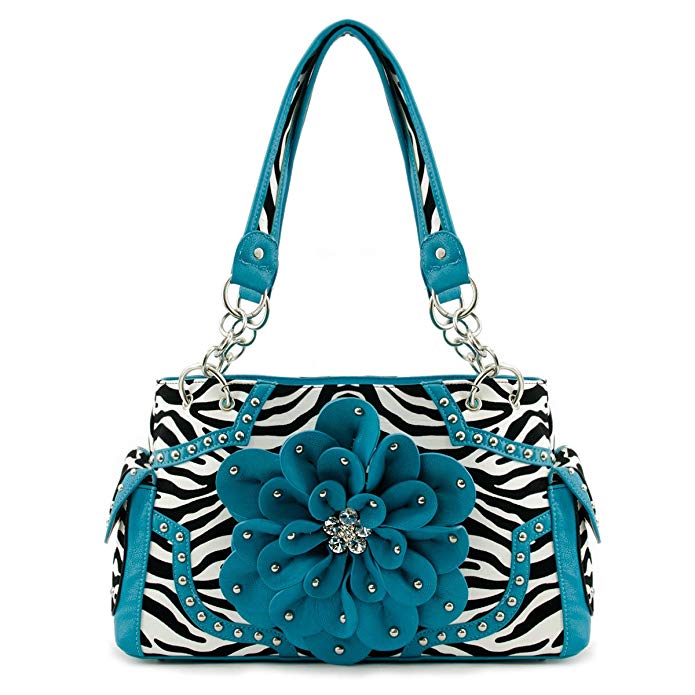 Western Zebra Printed Rhinestone Flower Handbag Purse- TURQUOISE