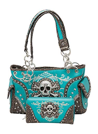 HW Collection Western Rhinestone Skull Concealed Carry Handbag and Wallet Turquoise