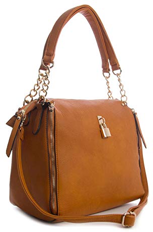 Big Handbag Shop Womens Zips and Lock Effect Metal Chain Shoulder Strap Satchel Bag - Medium Size