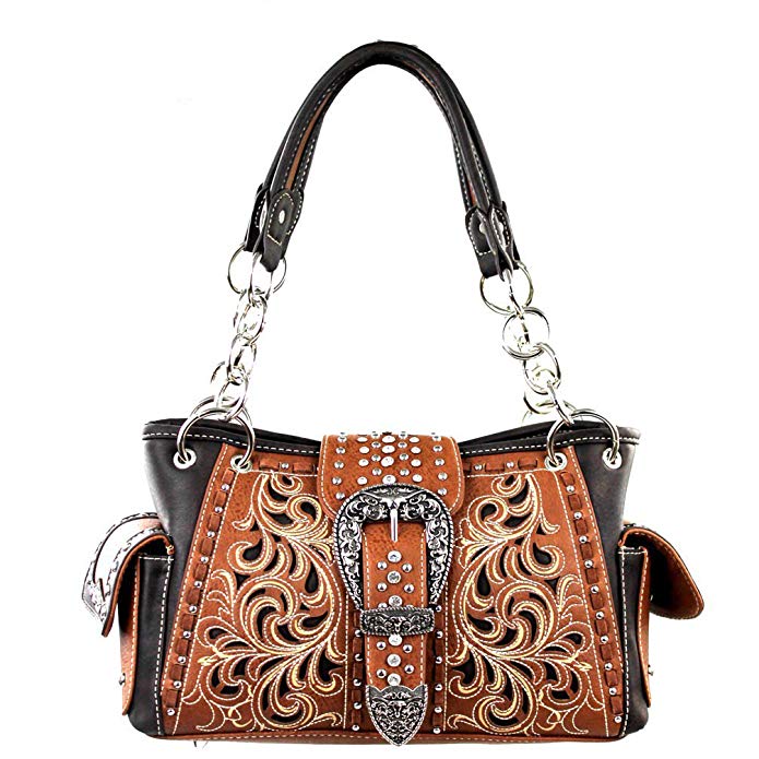 Montana West Ladies Concealed Gun Chain Purse Floral Cutouts Longhorns Brown