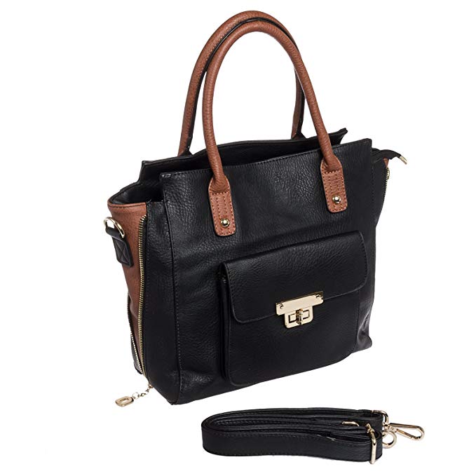 Roma Leathers Concealed Carry Handbag Bag w/ Front Pocket (Black w/ Brown)