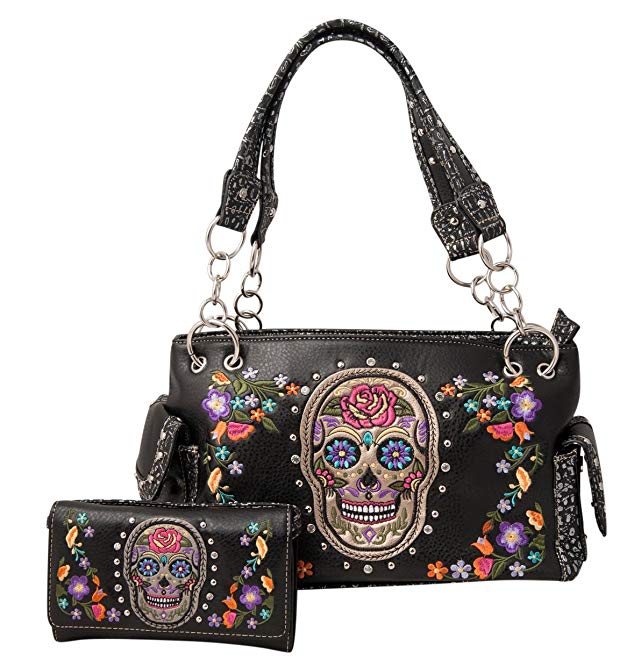 HW Collection Western Sugar Skull Roses Flowers Concealed Carry Handbag Purse and Crossbody Wallet