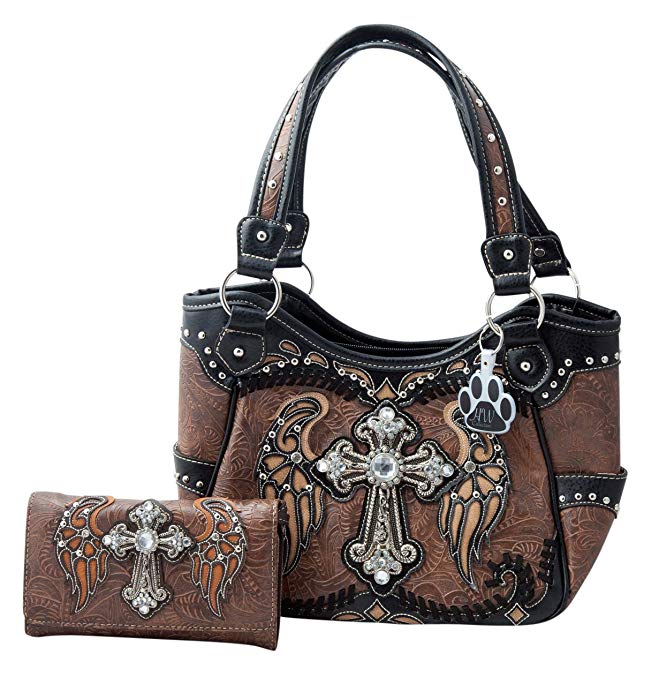 HW Collection Western Rhinestone Cross Angel Wings Stitching Concealed Carry Handbag and Crossbody Wallet Set