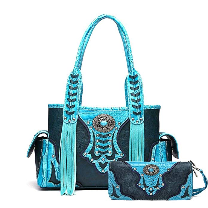 Cowgirl Trendy Western Concealed Carry Fringe Handbag and Wallet-Turquoise