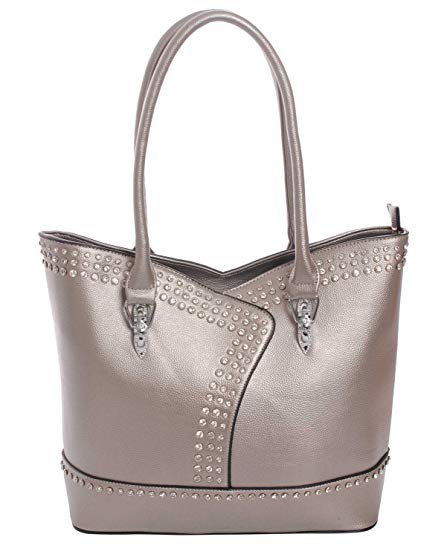 Rhinestone Leatherette Concealed Carry Handbag Purse Pewter