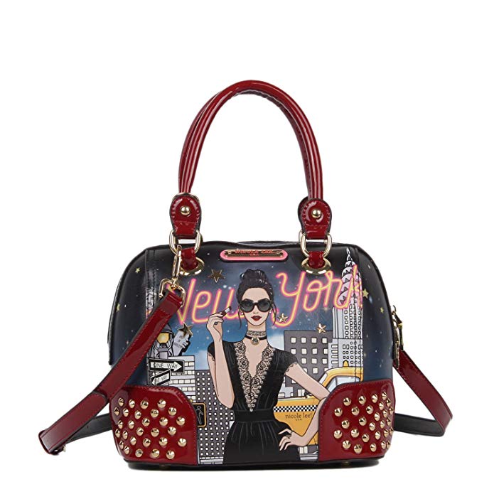 Studded Top Handle New York Print Dome Bag with Detachable Shoulder Strap