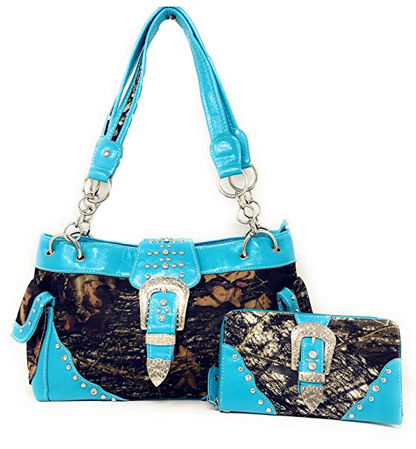 Western Blue Camouflage Buckle Rhinestone Purse W Matching Wallet