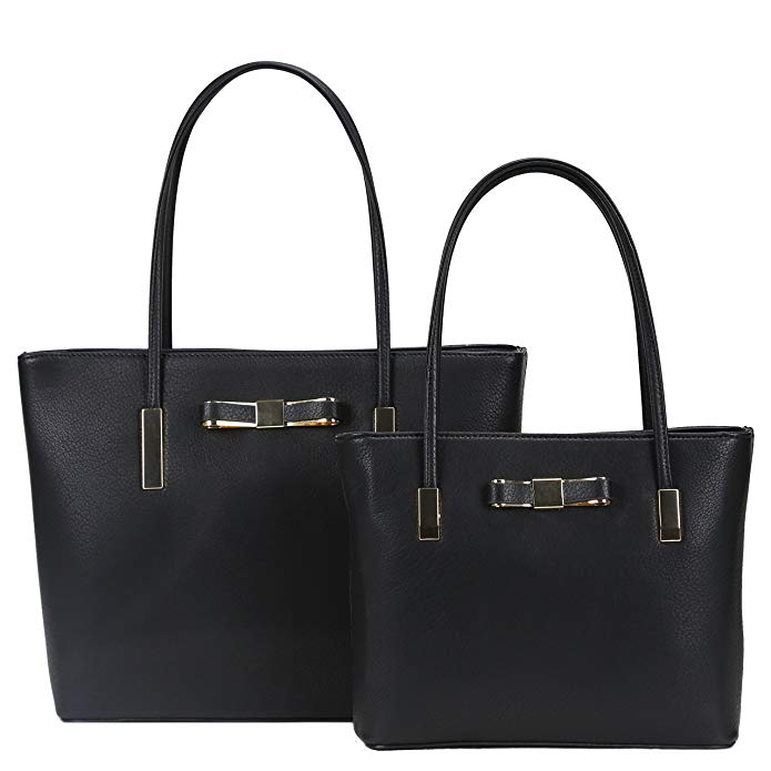 Darling's Bowknot Designer Faux Leather Carryall Tote - 2 Piece Shoulder Bag Set - Large & Small