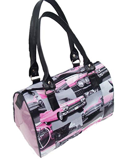 US Handmade Fashion CADILLAC OLD CARS 50's,WITH LIGHT PINK SHINY FABRIC Pattern Doctor Bag Satchel Style Handbag Purse, DRB 3126-N