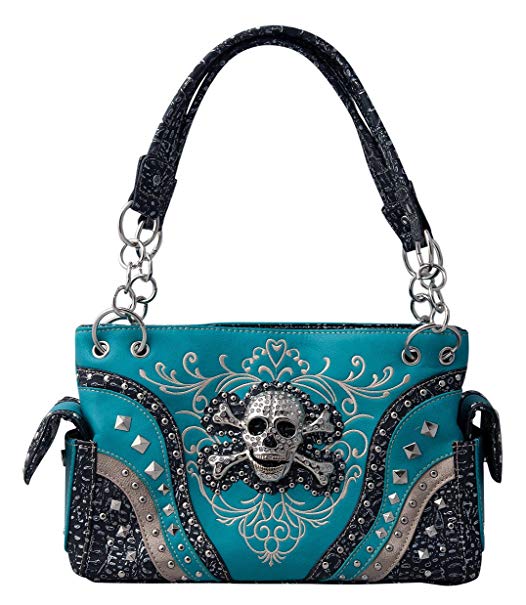 HW Collection Skull Western Studded Rhinestone Purse Concealed Carry Shoulder Bag Handbag