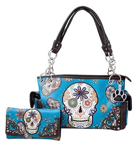 HW Collection Sugar Skull Western Handbag Carry Concealed Shoulder Bag Wallet Set