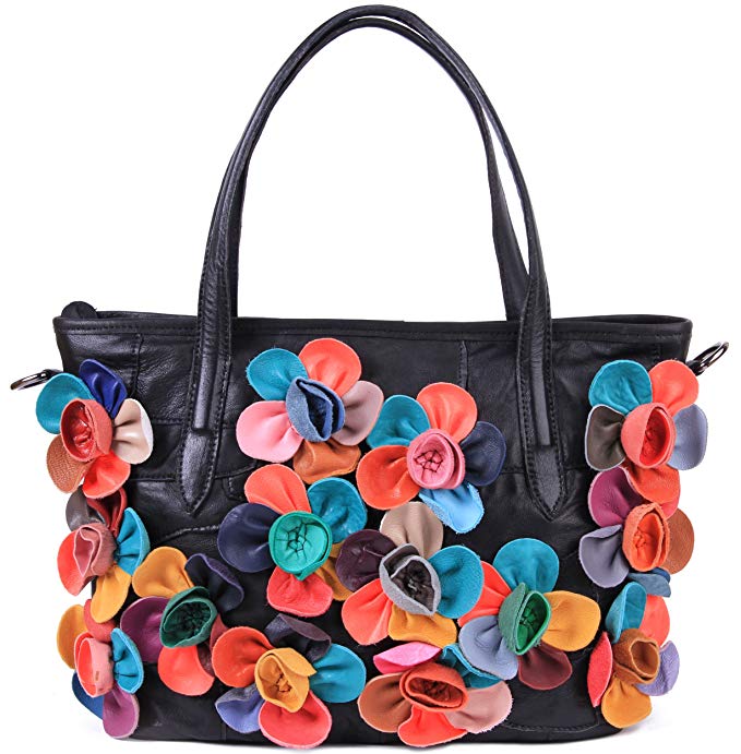 Borgasets Women's Leather Tote Bags Leather Flower Stitching