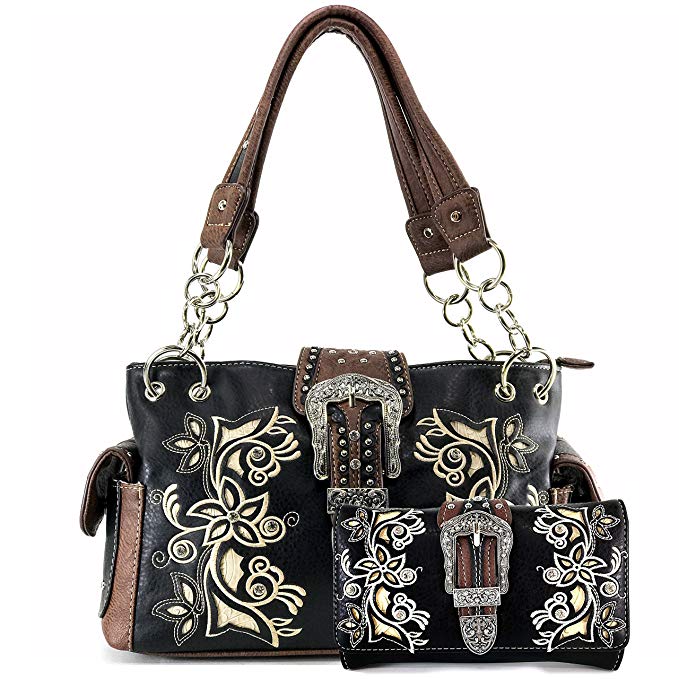 Justin West Rhinestone Buckle Floral Embroidery Laser Cut Handbag Purse