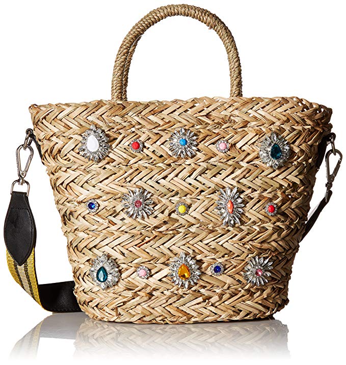 Steve Madden Cheryl Woven Multi Colored Jewel Rhinestone Tote with Wide Shoulder Strap