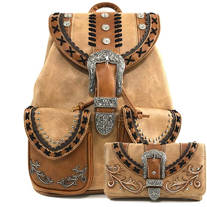 Justin West Trendy Western Rhinestone Leather Conceal Carry Top Handle Backpack Purse